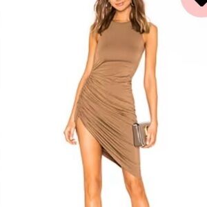 Lovers + Friends Eva Deep Taupe Asymmetrical Cinch Side MIDI  Dress
